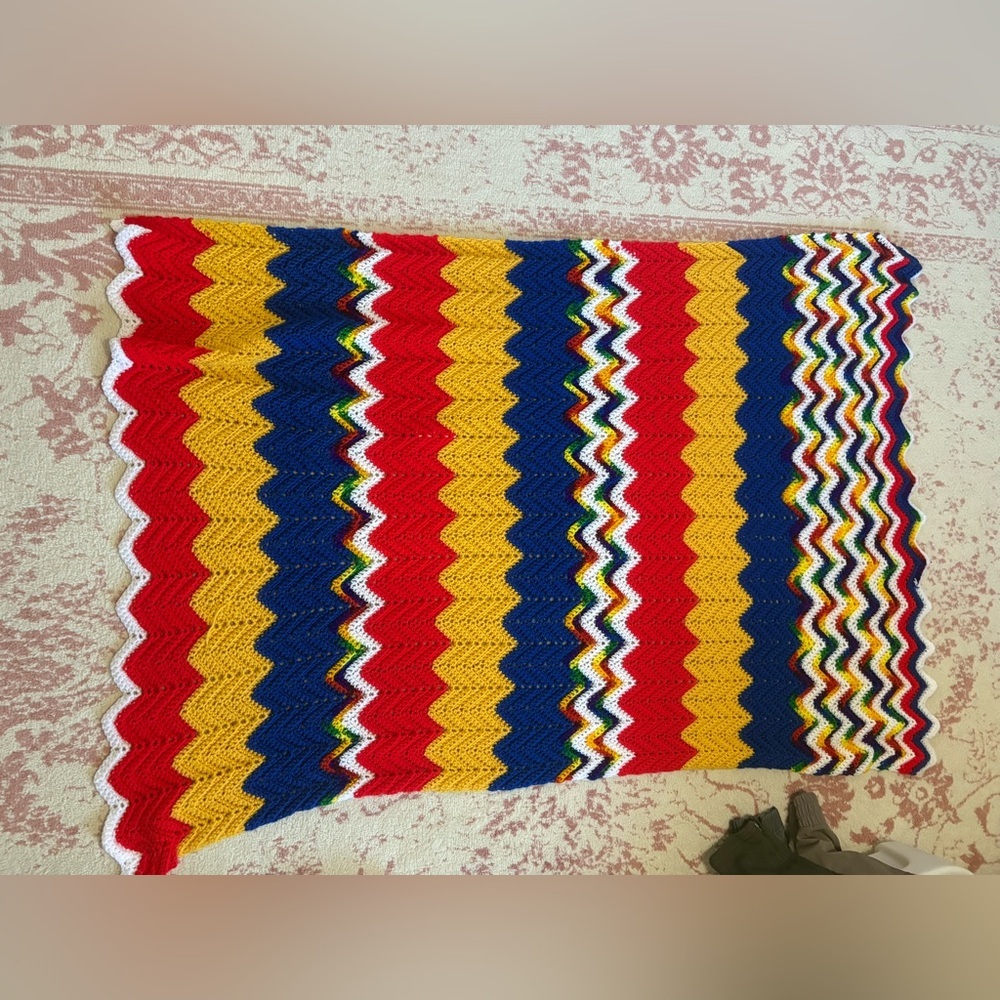 Rainbow Handmade Knit Blanket Stripes Funky Vibrant Cozy